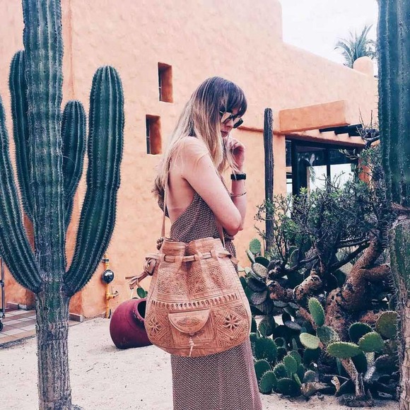 Moroccan Leather Boho Shoulder Bag Handbag Purse Carved Tooled Strap Design - Picture 2 of 6